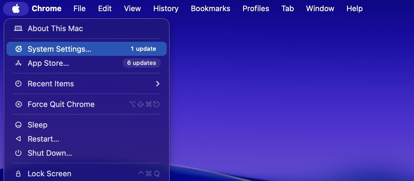 The Apple menu is open on a Mac. Select the System Settings option from the drop-down menu to reset admin password on a Mac.