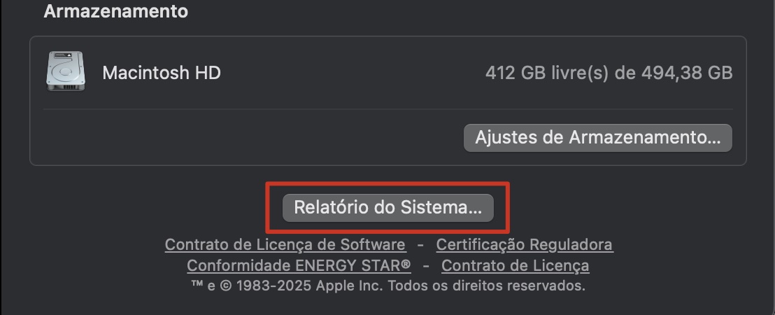 Na parte inferior da seção Sobre, nos Ajustes do Sistema do seu Mac, você verá o botão Relatório do Sistema. Clique nele para continuar o processo de verificação.