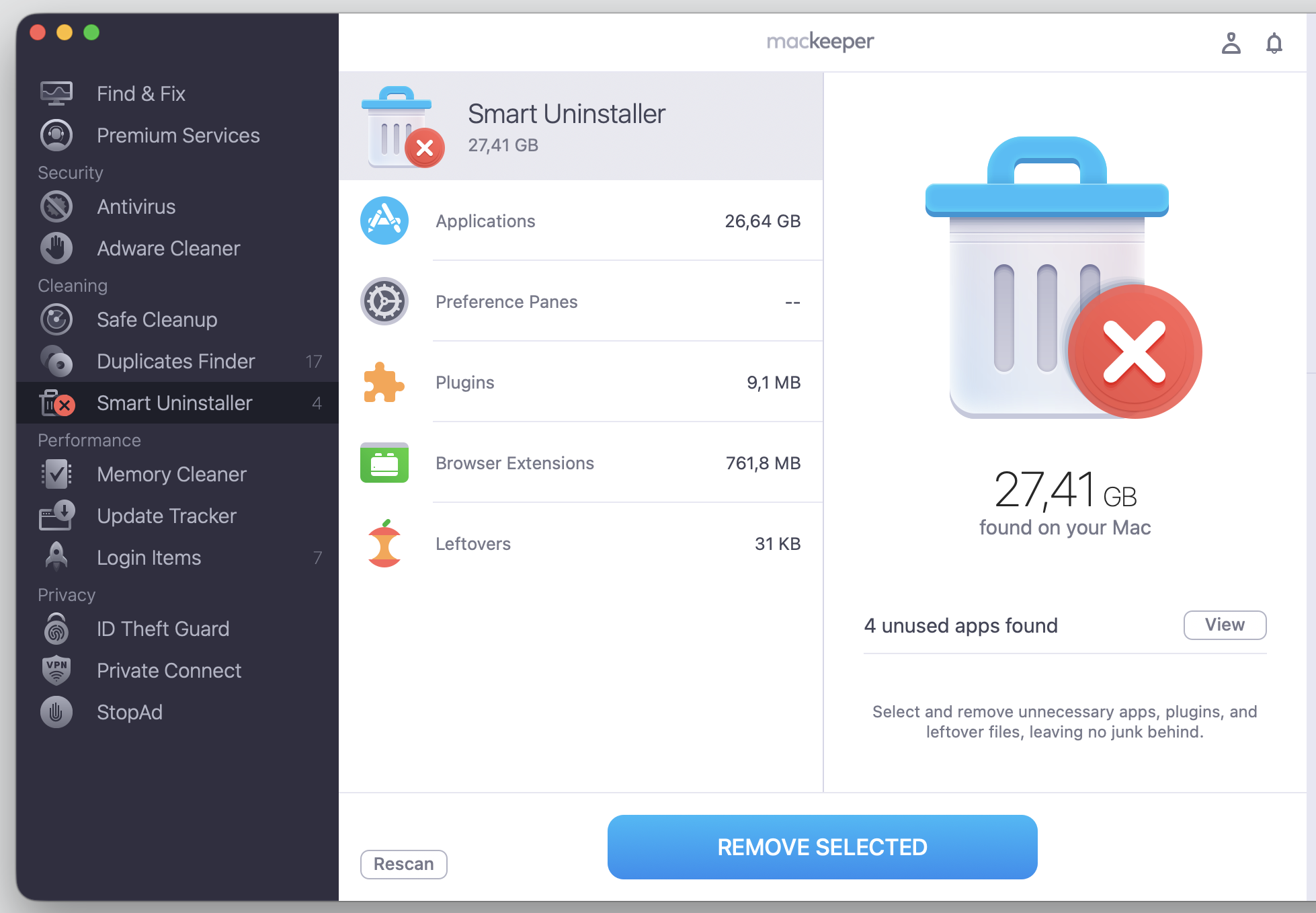 MacKeeper's Smart Uninstaller window on an iMac listing apps, plugins, and browser extensions, with a Remove Selected button to clear leftover files.
