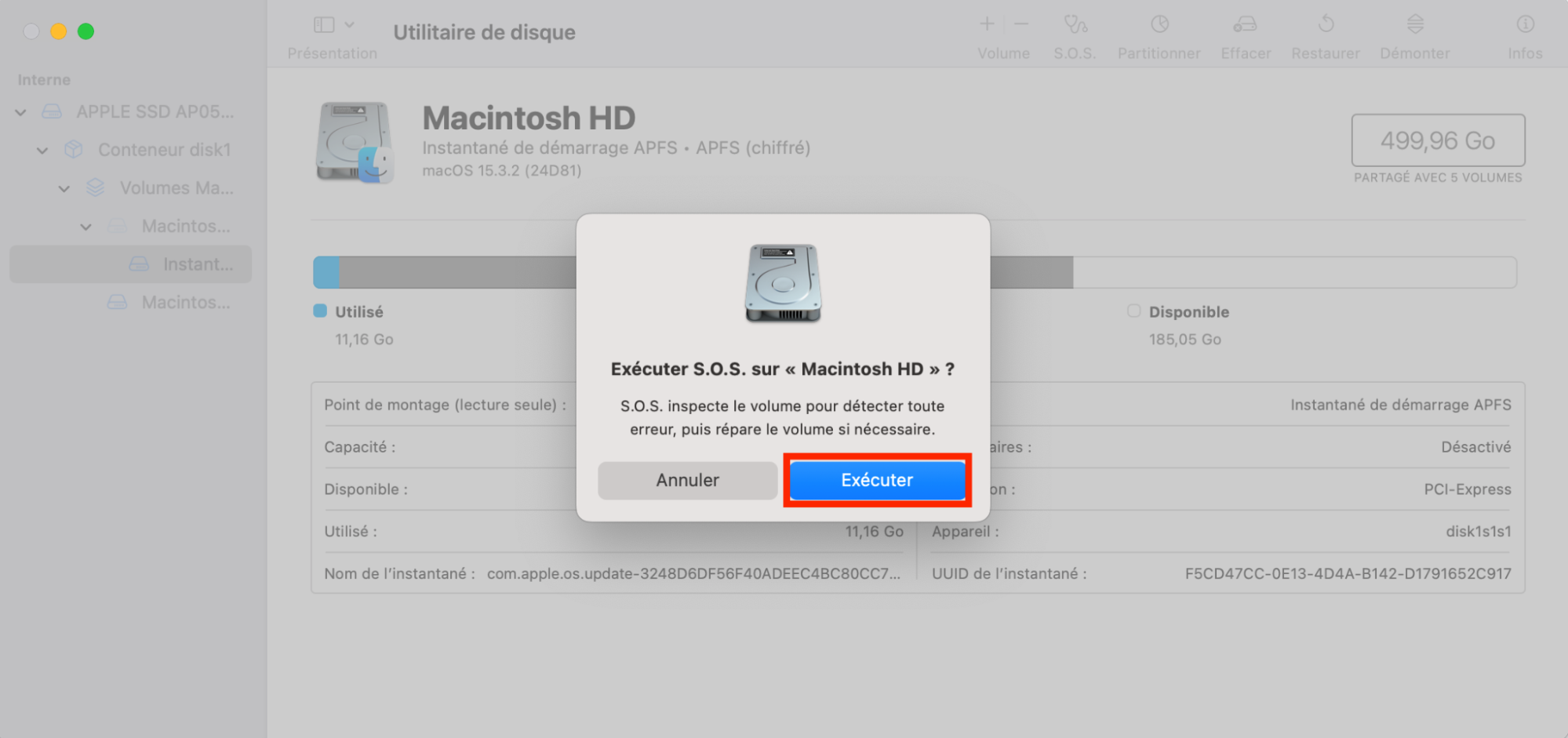 Une fenêtre pop-up s’ouvrira pour exécuter S.O.S. sur votre Mac. Cela vous permettra de résoudre tout problème lié aux autorisations de disque. Une fenêtre pop-up s’ouvrira pour exécuter S.O.S. sur votre Mac. Cela vous permettra de résoudre tout problème lié aux autorisations de disque.
