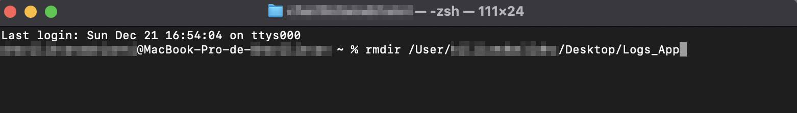 Digite o caminho da pasta de logs que deseja excluir e pressione Enter.