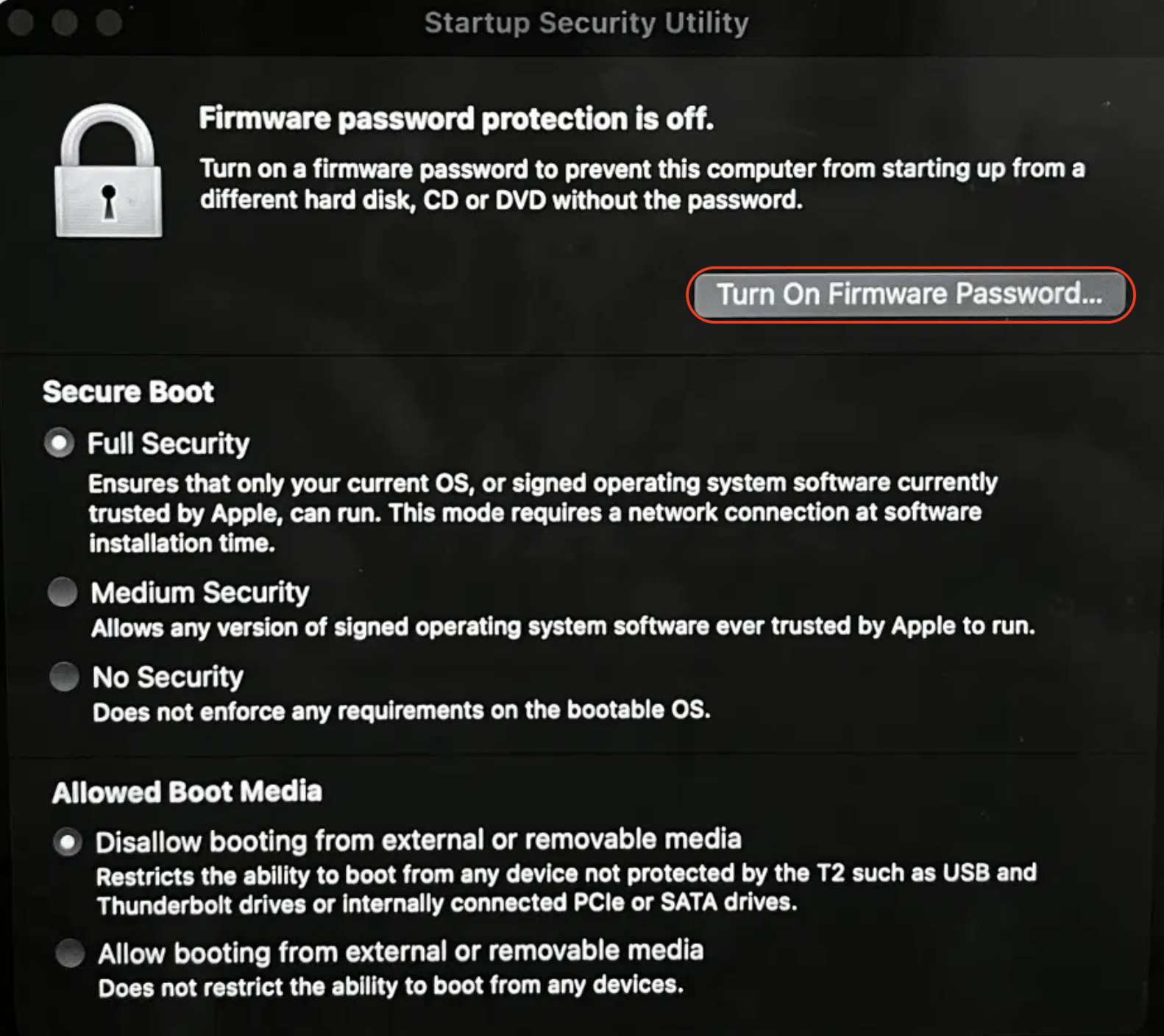 A Startup Security Utility window is opened on a Mac. Select Turn On Firmware Password as an option to adjust startup security utility settings.