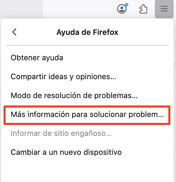 El menú de Ayuda de Firefox abierto y Más información para solucionar problemas resaltado. Cómo restablecer Firefox, como parte de una guía sobre cómo eliminar las ventanas emergentes falsas de McAfee en Mac.