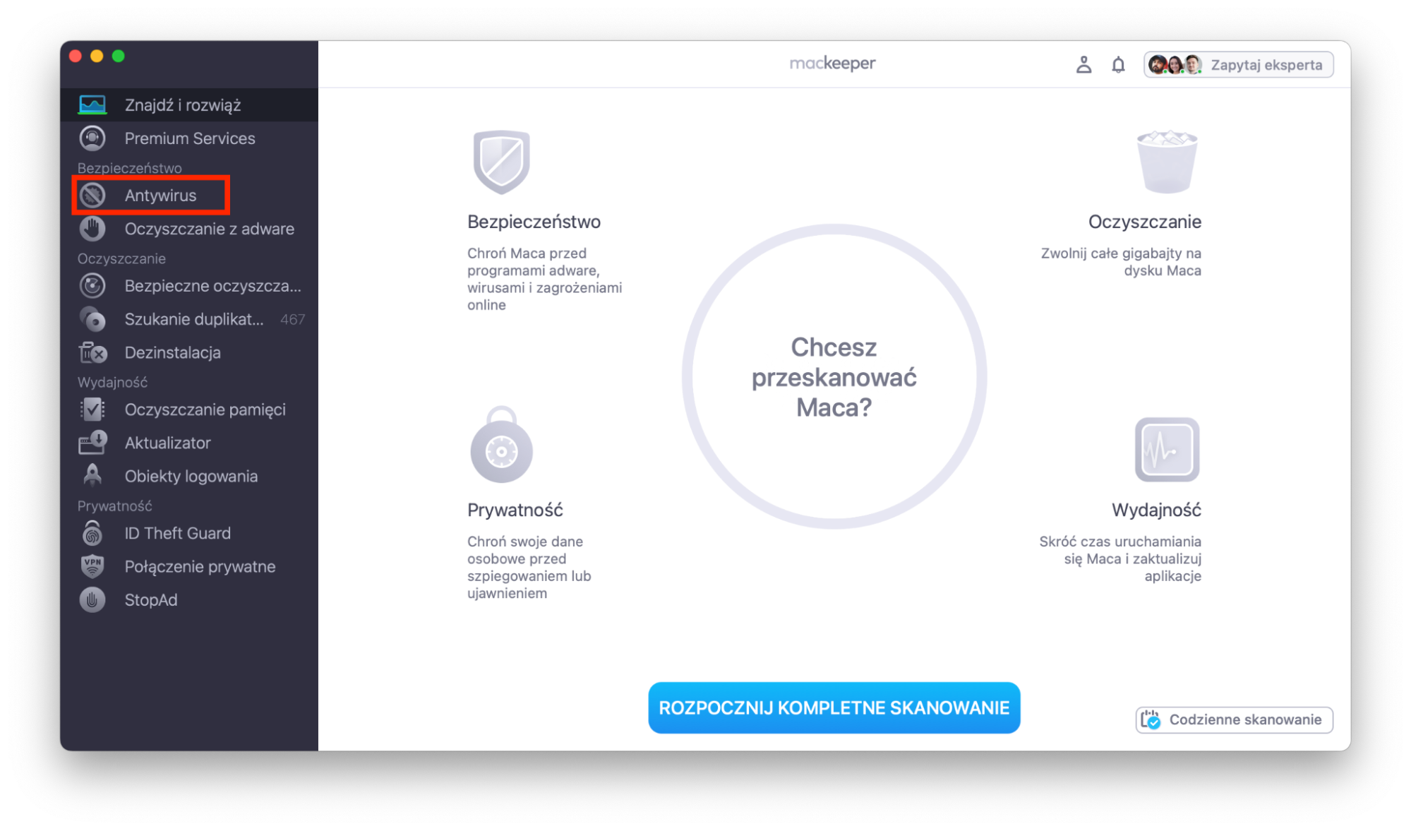 Jeśli podejrzewasz, że na Twoim Macu znajduje się złośliwe oprogramowanie, otwórz MacKeeper, a następnie wybierz narzędzie Antywirus z menu bocznego.