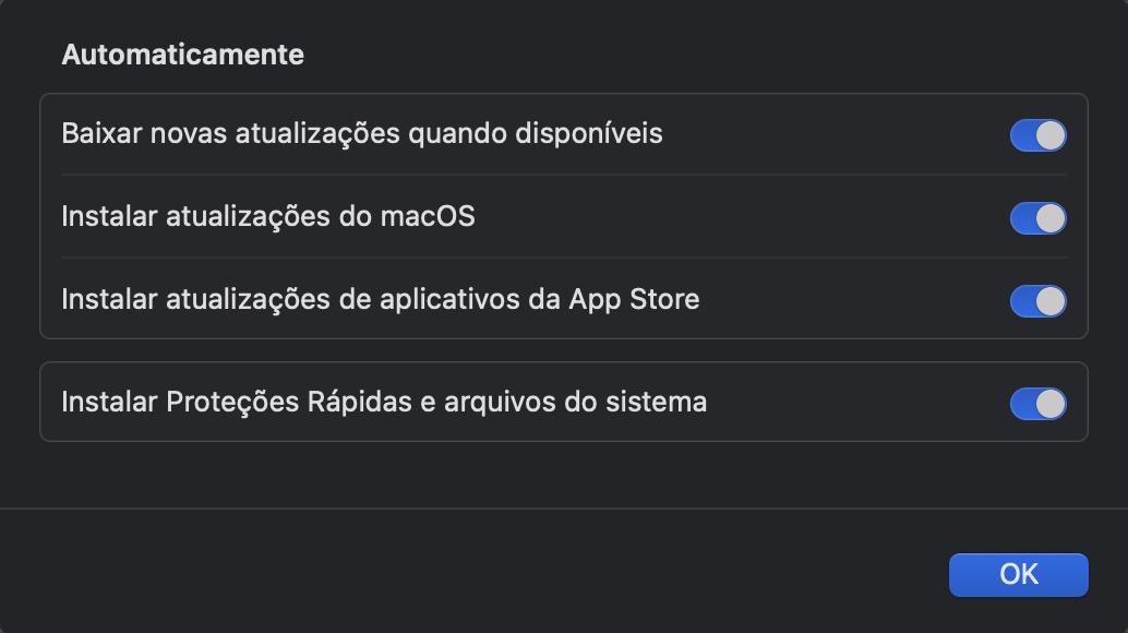 Para evitar que o software do seu Mac fique desatualizado no futuro, configure atualizações automáticas no seu dispositivo. Faça isso acessando a seção Atualizações Automáticas.