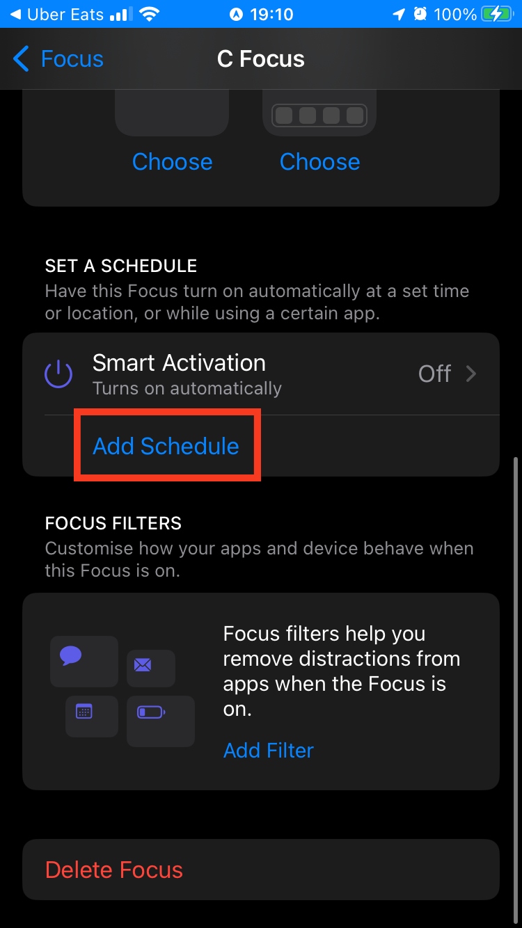 The user has the option to customize their focus mode with a schedule for notifications. Tap Add Schedule to use schedule notifications.