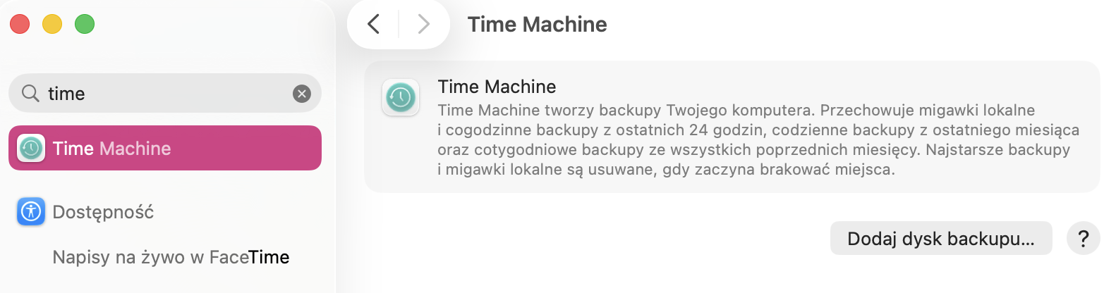 Podłącz zewnętrzny dysk do Maca. Otwórz menu Apple i wejdź w Ustawienia systemowe > Ogólne > Time Machine. Kliknij Dodaj dysk backupu, wybierz swój dysk i kliknij Konfiguruj dysk. Kopia zacznie się robić sama lub wybierz Utwórz backup teraz z menu Time Machine