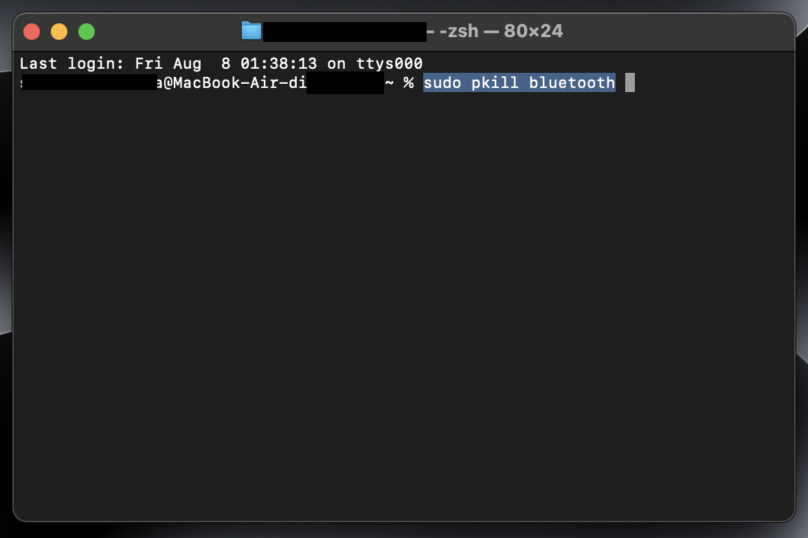 Reimposta il modulo Bluetooth per risolvere il problema del mouse che non funziona su un Mac. Su OS X Monterey o versioni successive, apri Terminale e inserisci il comando sudo pkill bluetoothd (potrebbe essere necessario inserire la password).