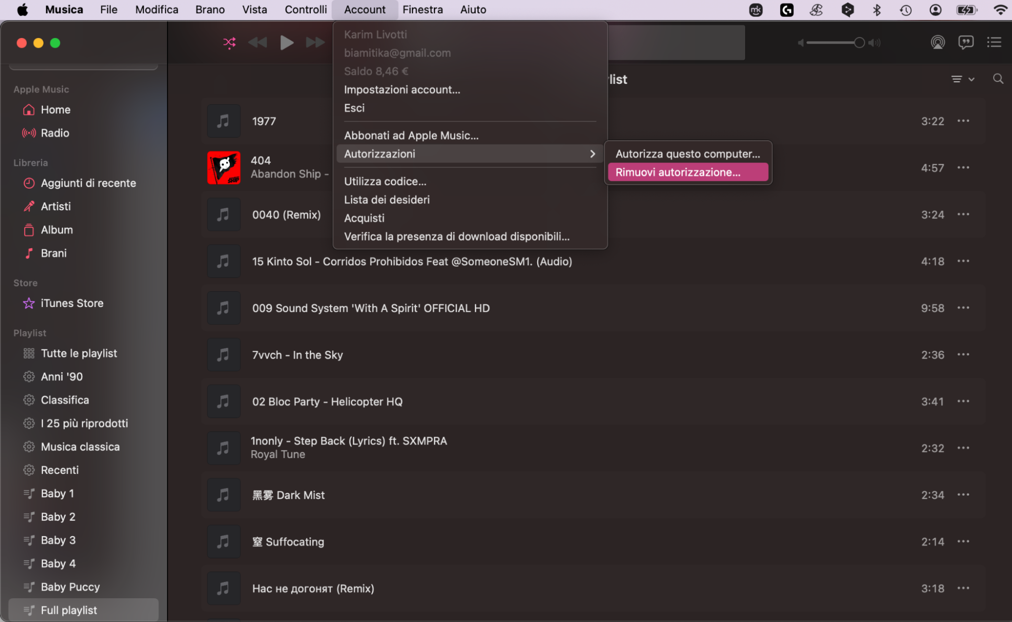 Apri Musica/TV/Libri > Account > Autorizzazioni e seleziona Rimuovi autorizzazione per rimuovere in modo sicuro l'accesso al tuo Account Apple dal Mac.