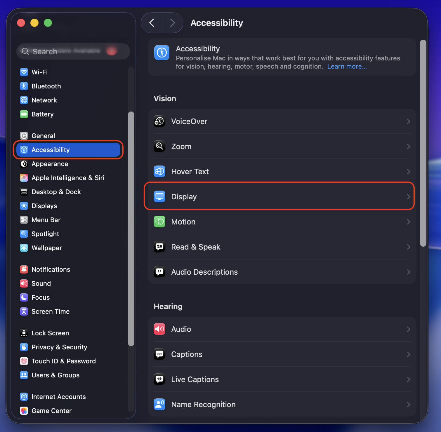 Accessibility settings appear on a Mac. Click on Display to reduce transparency and, ultimately, MTLCompilerService’s high CPU usage.