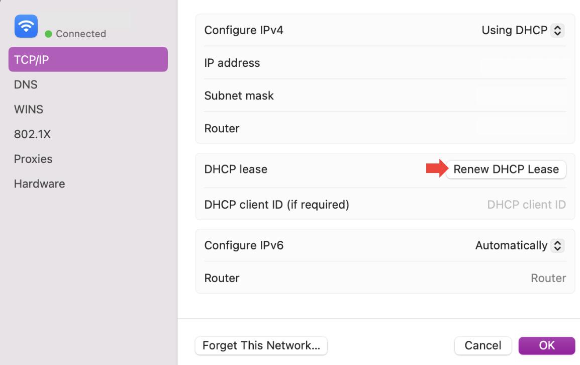 Once you’ve re-added your network, click on Advanced> TCP/IP. Next to the DHCP client ID, click on Renew DHCP Lease.