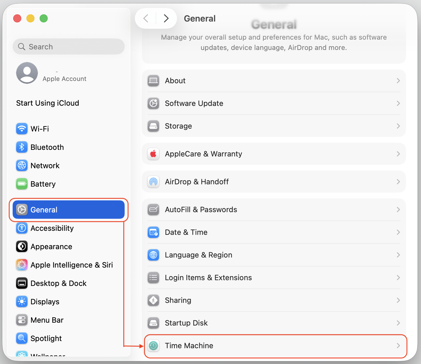 System Settings on macOS Ventura with General selected and Time Machine highlighted in the sidebar list on your Apple computer.