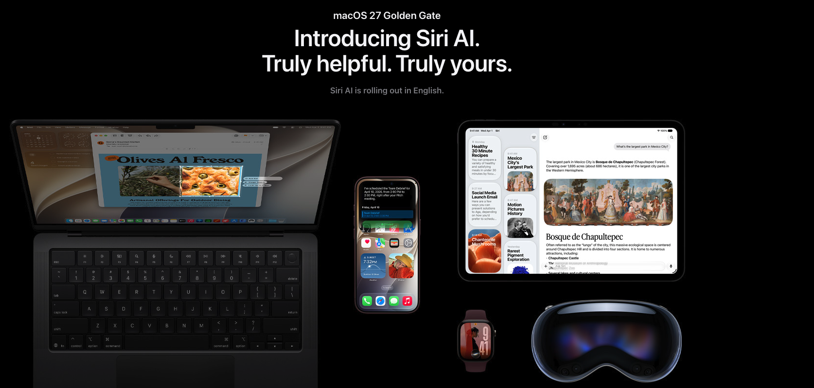 Apple’s Introducing Siri AI promo for macOS 27 Golden Gate, showing the conversational assistant across a MacBook, iPhone, iPad, and Watch.