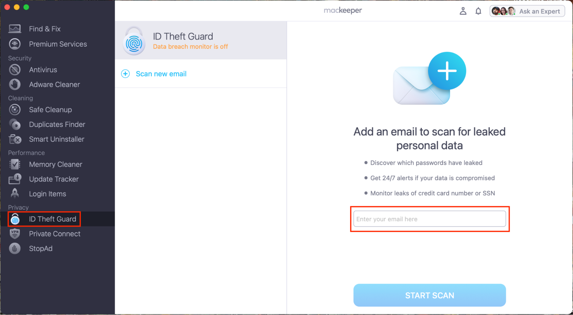 To check if your Mac has been a victim of a data leak, open MacKeeper and select ID Theft Guard. Then, enter your email address.