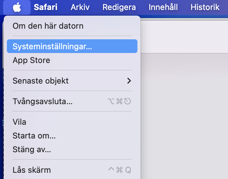 För att uppdatera Safari på din Mac, välj Systeminställningar från Apple-menyn.