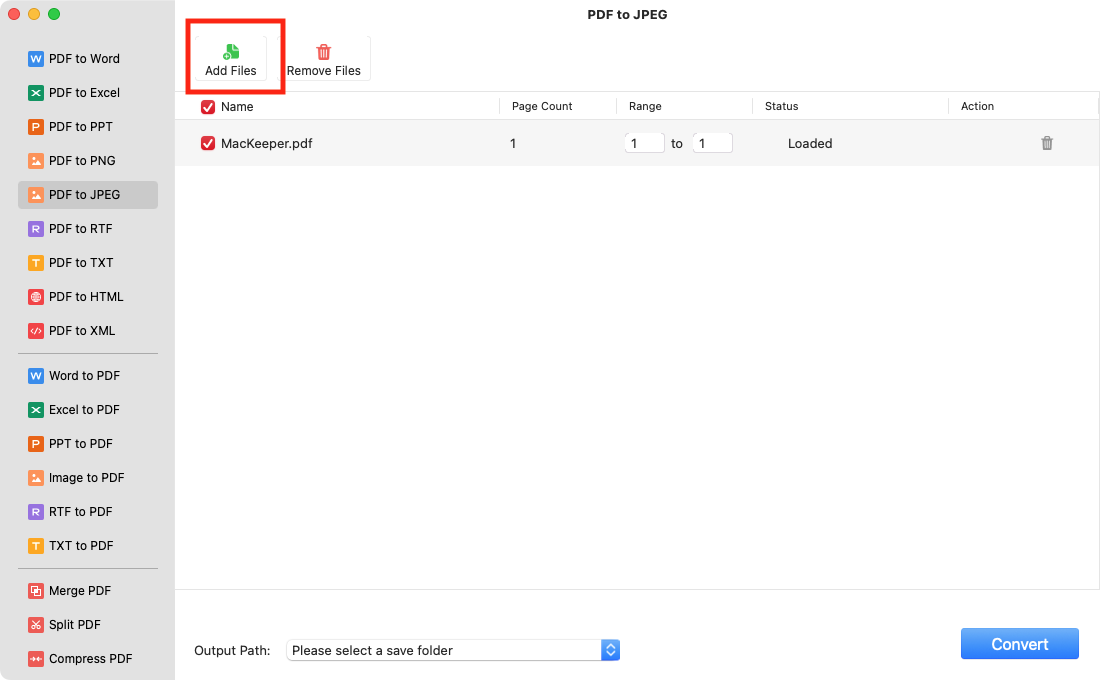 Now use the 'Add Files' button to get your PDF into the PDFgear app. Select a file location using the dropdown at the bottom, and click the 'Convert' button.