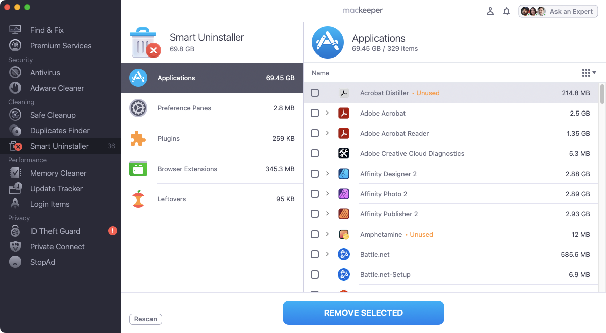 When Smart Uninstaller has finished scanning your Mac, select the 'Applications' section, and look through the list. Select the app you want to delete, and click 'Remove Selected'.