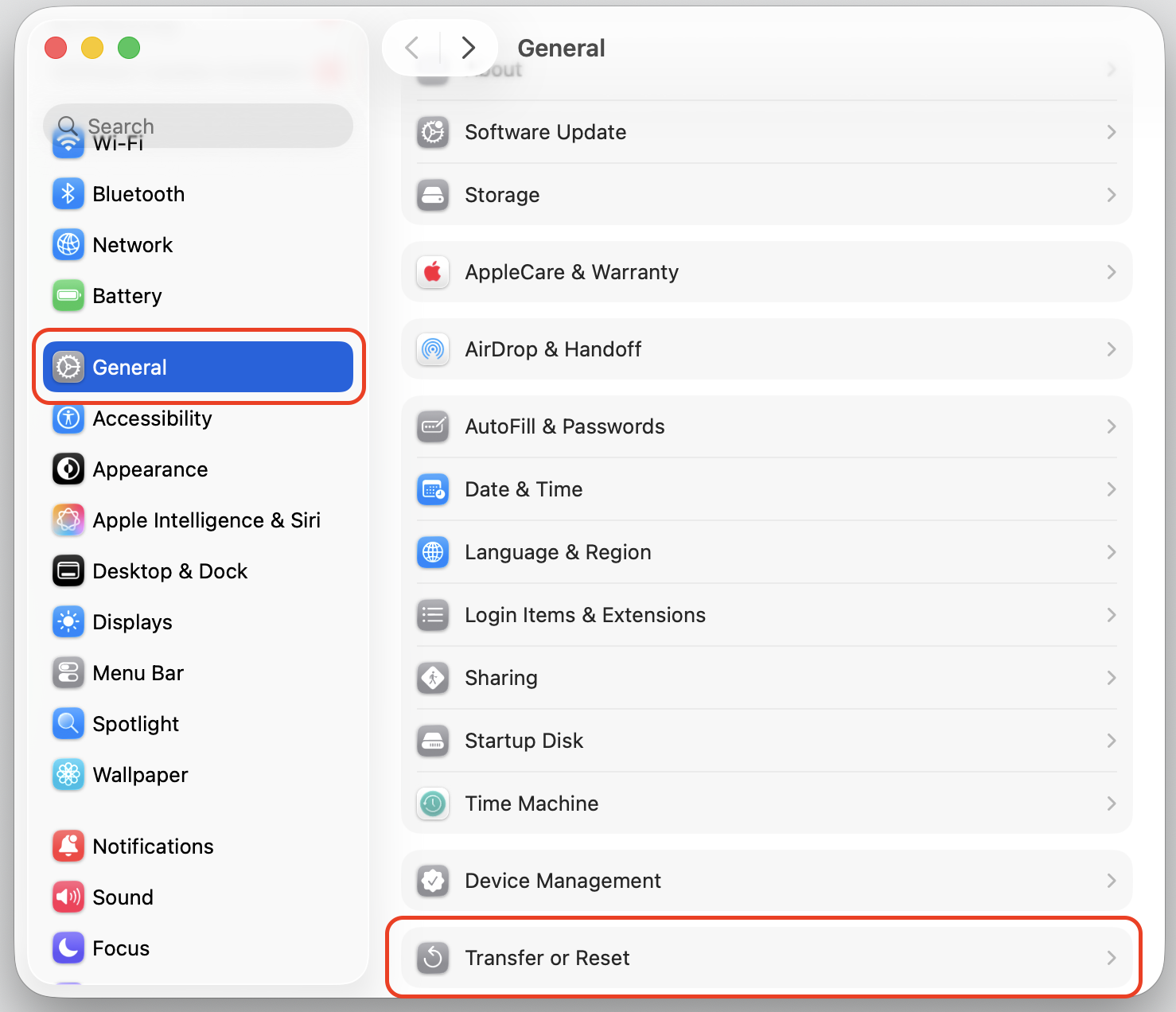 The General tab in System Settings on macOS Ventura, with Transfer or Reset selected to factory reset an Apple computer using only the mouse.