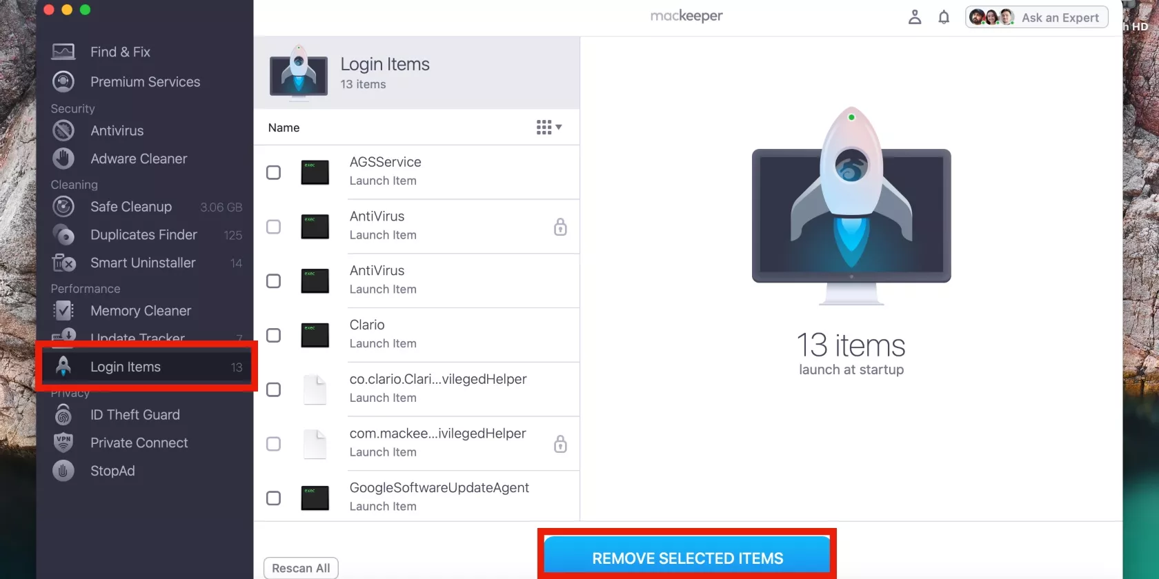 MacKeeper’s Login Items tool is shown on a MacBook. Use it to help fix microphone access issues on your third-party communication apps.