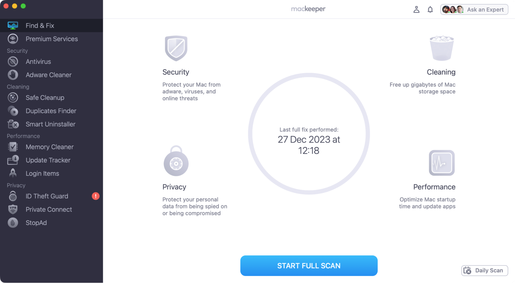 MacKeeper lets you find and fix all kinds of problems on your Mac, including malware, junk files, and privacy issues. Select 'Find & Fix', then click 'Start Full Scan'.