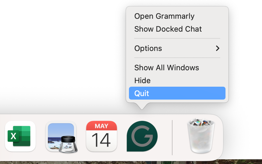 To close the Grammarly app on your Mac, right-click the icon from the Dock and select Quit.