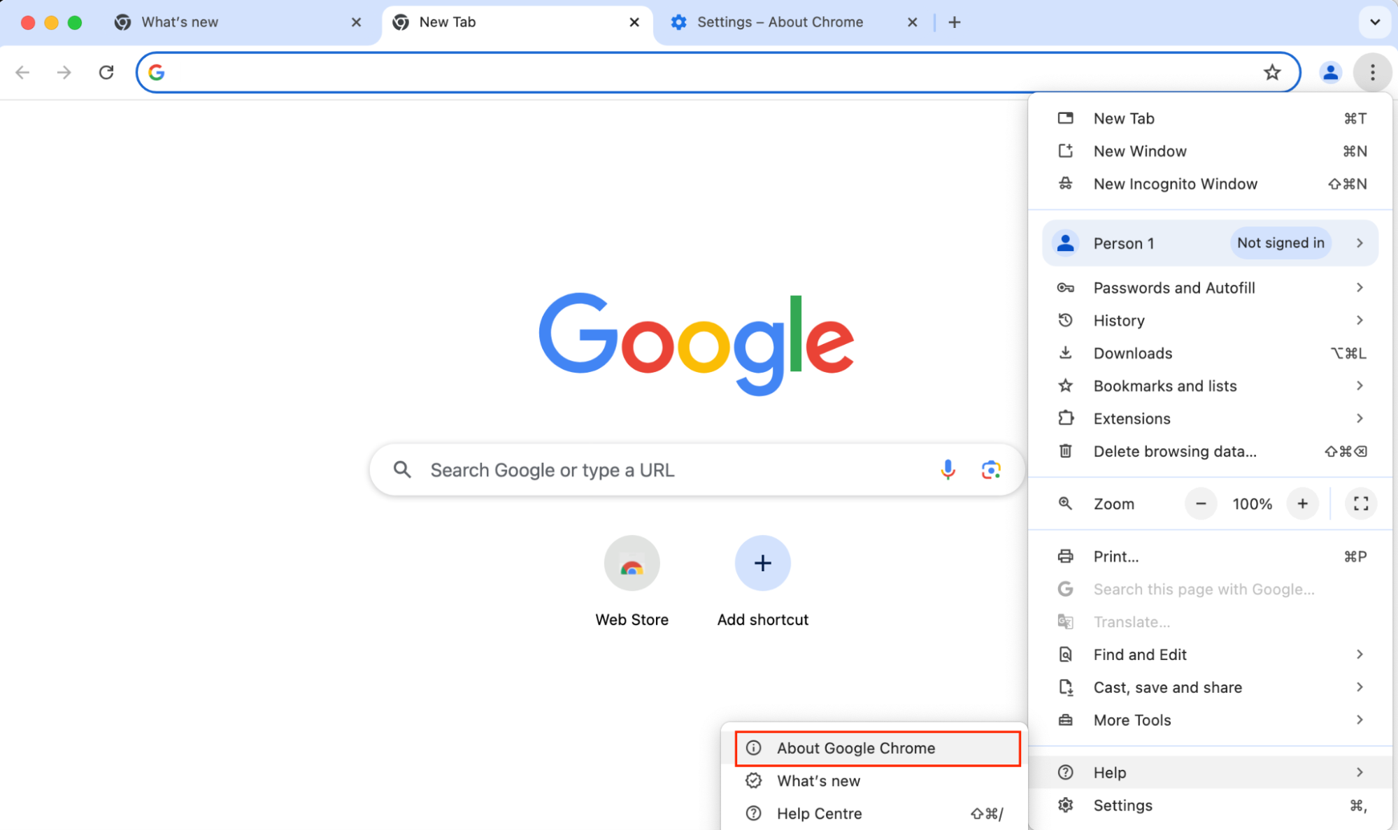 The Chrome menu inside the Google Chrome browser on Mac. Once you know how to get Google Chrome on Mac, go to About Google Chrome to check for new updates.