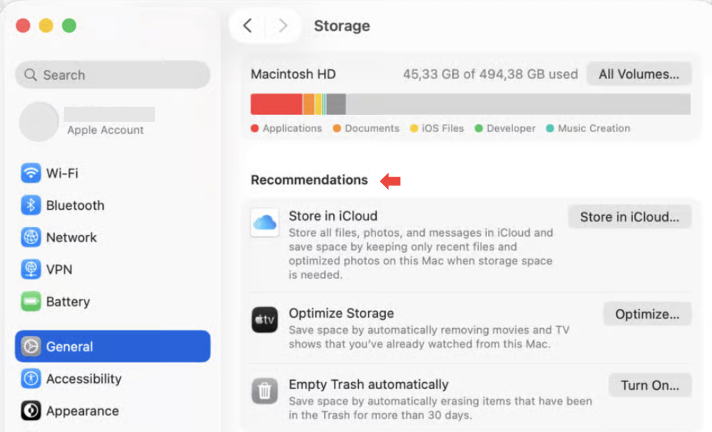 Sometimes freeing up space can help make your macOS Tahoe run smoothly. Open System Settings, go to General > Storage. Under Recommendations, follow the personalized advice to help you free up the most space.