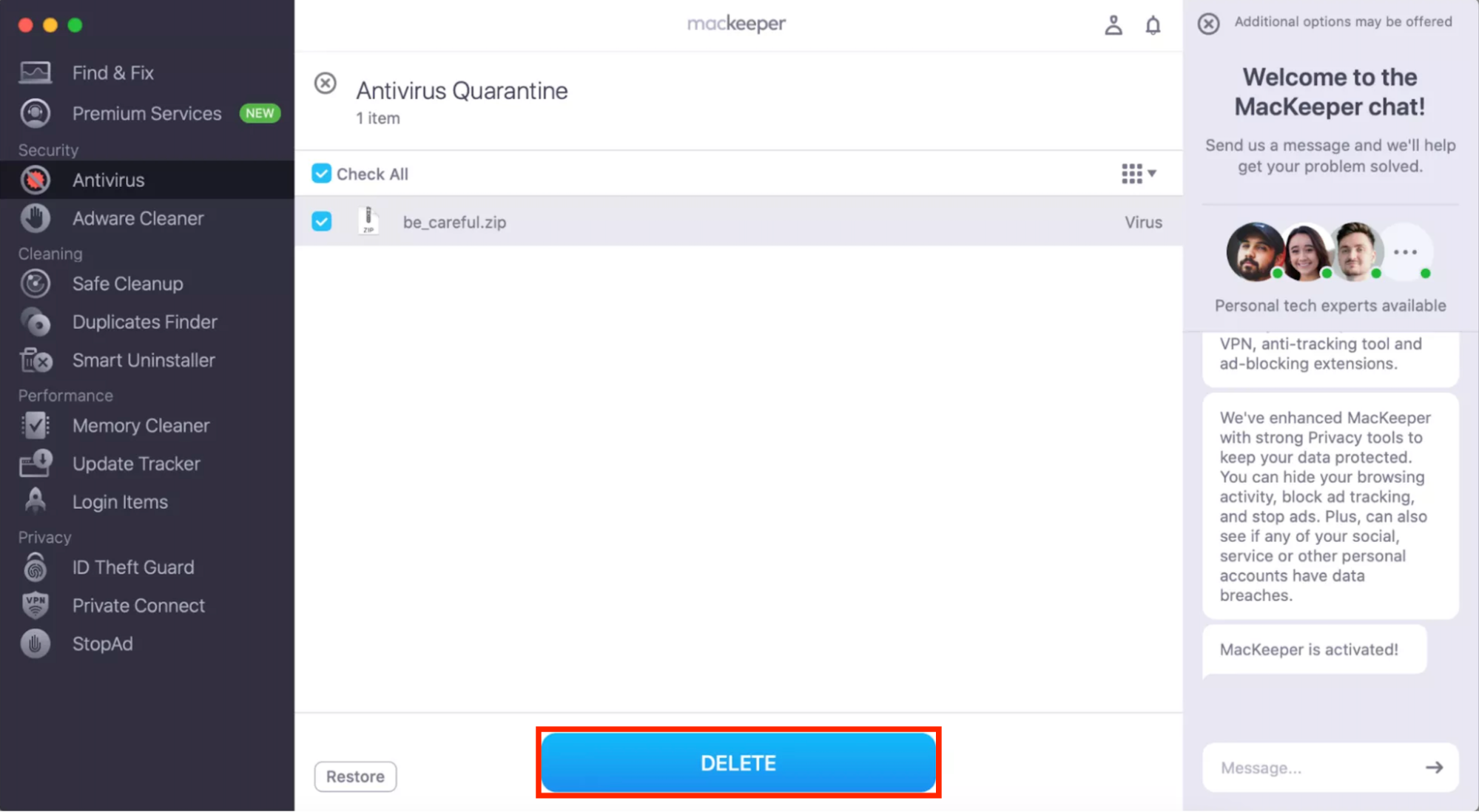 The built-in Antivirus tool in MacKeeper on Mac. Use this to find and remove any threats on your Mac now that Kaspersky is banned in the US.