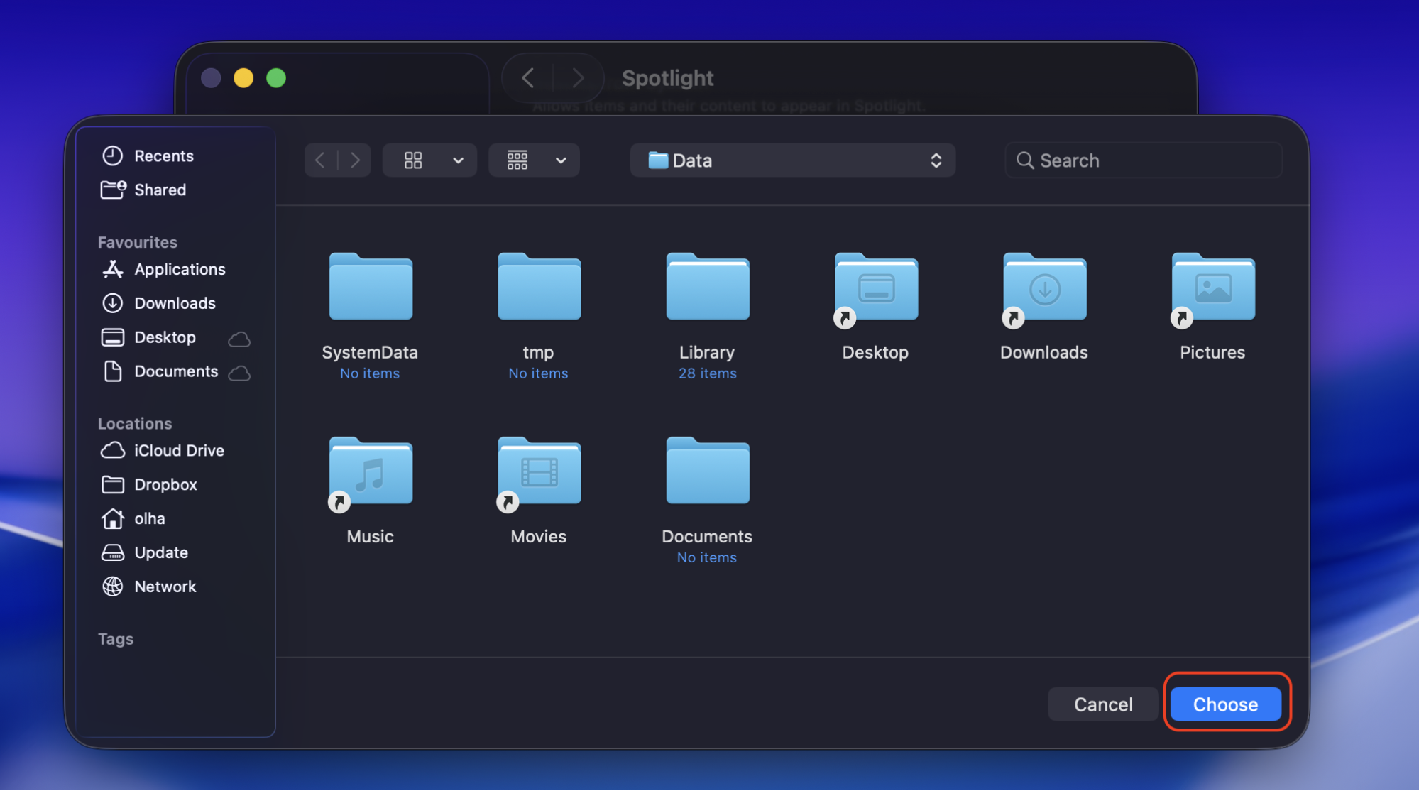 The final step in excluding files or folders from Spotlight on your Mac is to select the files you want to exclude from Spotlight and click Choose.