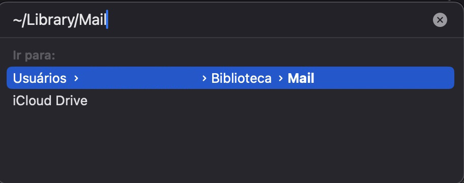 O campo Ir para Pasta no Finder no Mac. O caminho ~/Library/Mail é exibido. Segundo passo do guia para limpar o cache do Mail no Mac manualmente.