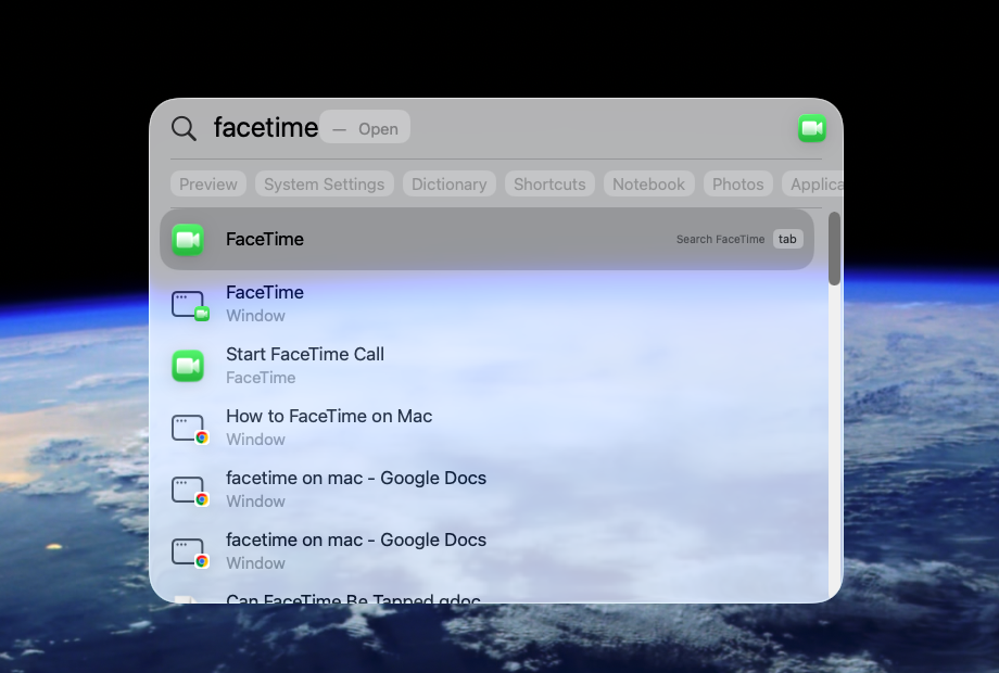 You can also open apps, including FaceTime, using Spotlight. Press Cmd + Spacebar to open Spotlight, then search for FaceTime, and press Enter.