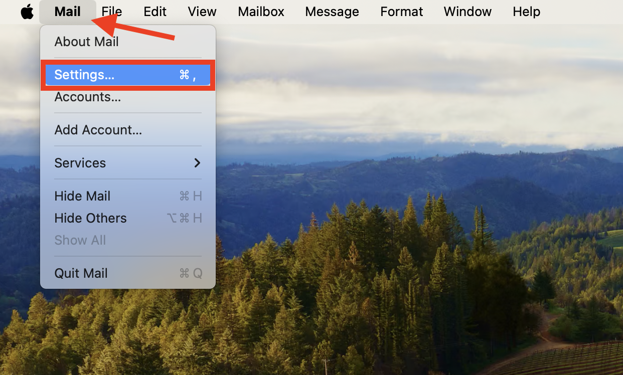 The Mail menu in Apple Mail on Mac. You can make sure your email account is enabled here if you find that Apple Mail search is not working in macOS.