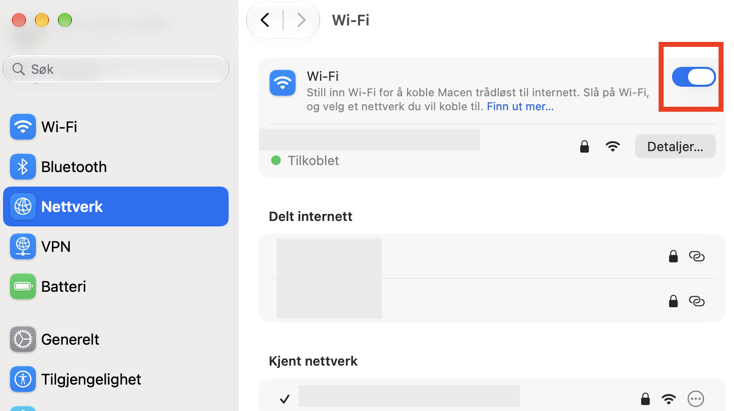 Å slå Wi-Fi av og på er enkelt. Du klikker bare på bryteren/glidebryteren for å aktivere og deaktivere Wi-Fi-tilkoblingen.