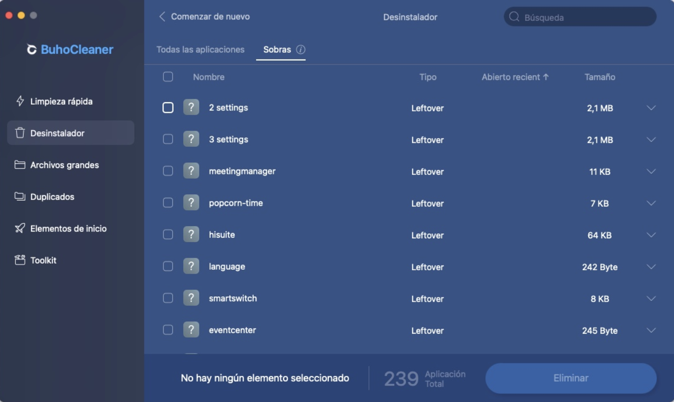 BuhoCleaner App, para Mac, es una buena herramienta de desinstalación para eliminar el desorden digital de tu dispositivo en unos sencillos pasos. Un rápido escaneo te mostrará todas las aplicaciones instaladas en tu Mac y te permitirá decidir cuáles quieres eliminar, ordenadas de mayor a menor tamaño para liberar la mayor cantidad de espacio en disco.
