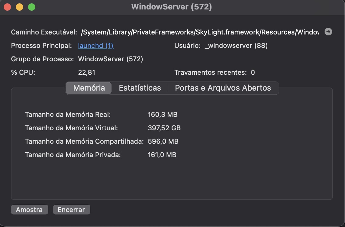 Clique duas vezes em WindowServer no Monitor de Atividade, o que abrirá a janela do processo. Agora, clique no botão Encerrar.