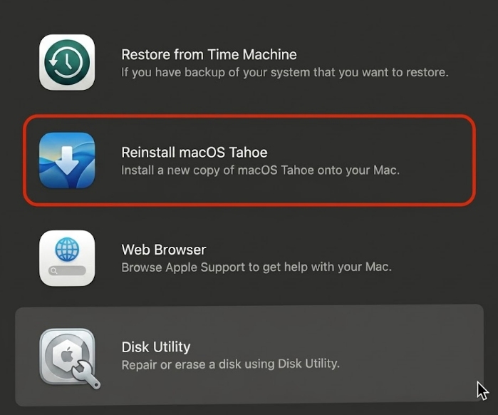 macOS Recovery app on an Apple Silicon Mac with Reinstall macOS selected after erasing the disk to restore the Apple computer cleanly.
