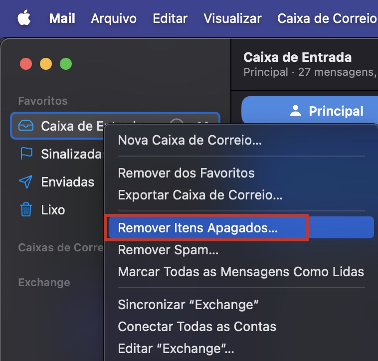 Parte do aplicativo Apple Mail com o menu de contexto aberto para uma caixa de correio. Remover Itens Apagados está destacado. Como eliminar o cache do Mail no Mac.