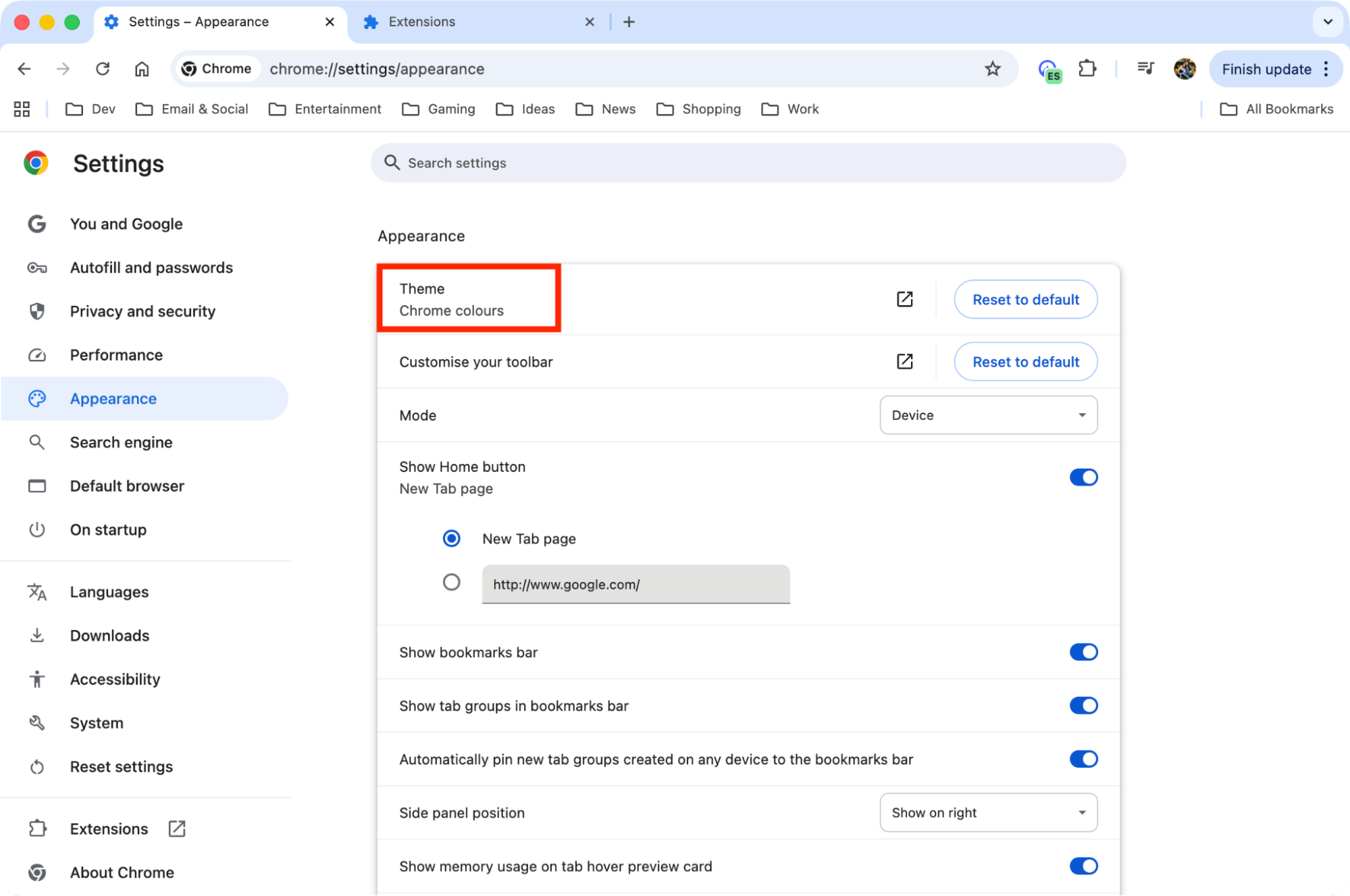 The Theme option inside Chrome's settings menu on Mac. Here, you can change your Chrome theme after figuring out how to get Google Chrome on Mac.