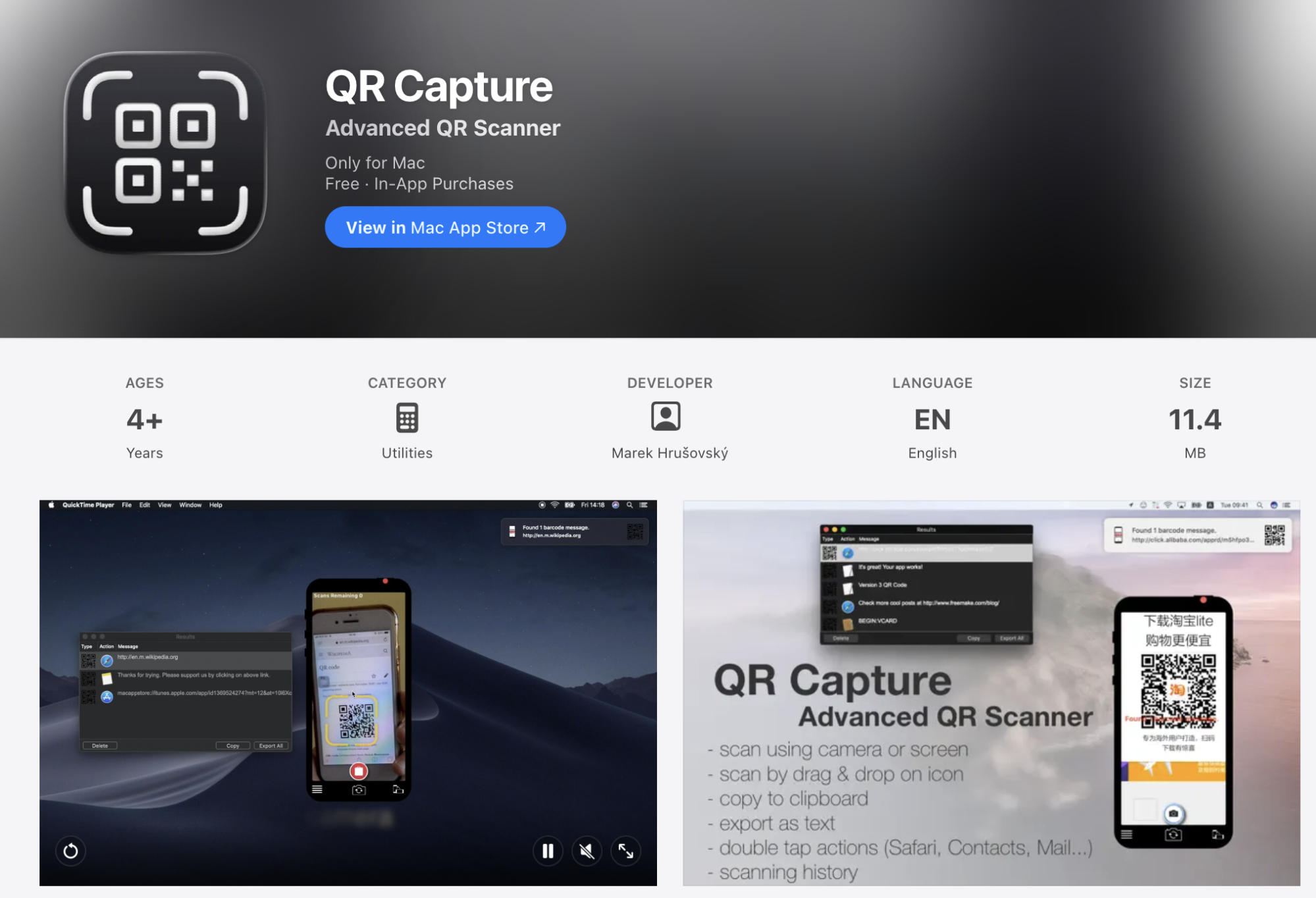 Install QR Capture from the App Store, open the app, and follow its on-screen instructions to scan QR codes quickly using your Mac's camera.