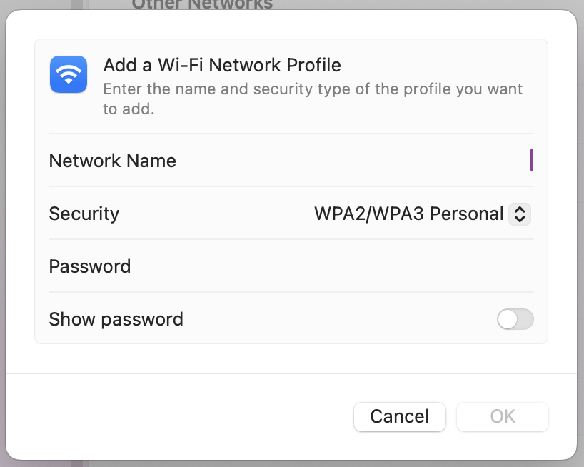 Then click on Other, and re-add your current network, followed by the password.