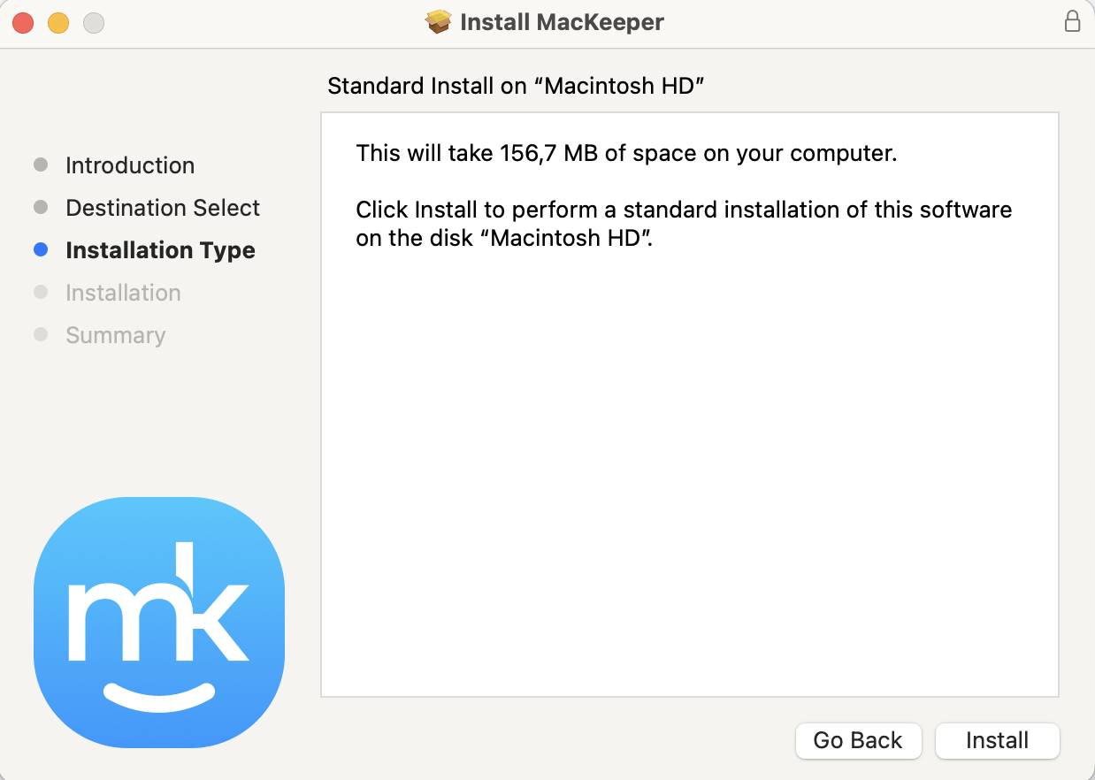 When you get to Installation Type, you'll see a prompt to install MacKeeper on your device. Click on the Install button and this will begin.