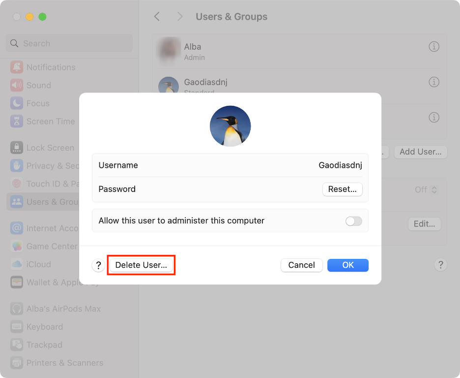 To remove an unwanted profile on macOS, click the Delete User button in the new window.