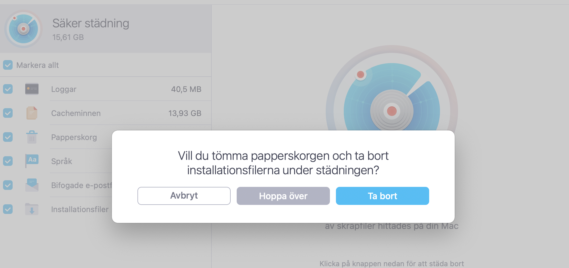 Klicka på Ta bort i popupfönstret för att låta MacKeepers funktion Säker städning tömma papperskorgen och ta bort installationsfiler.