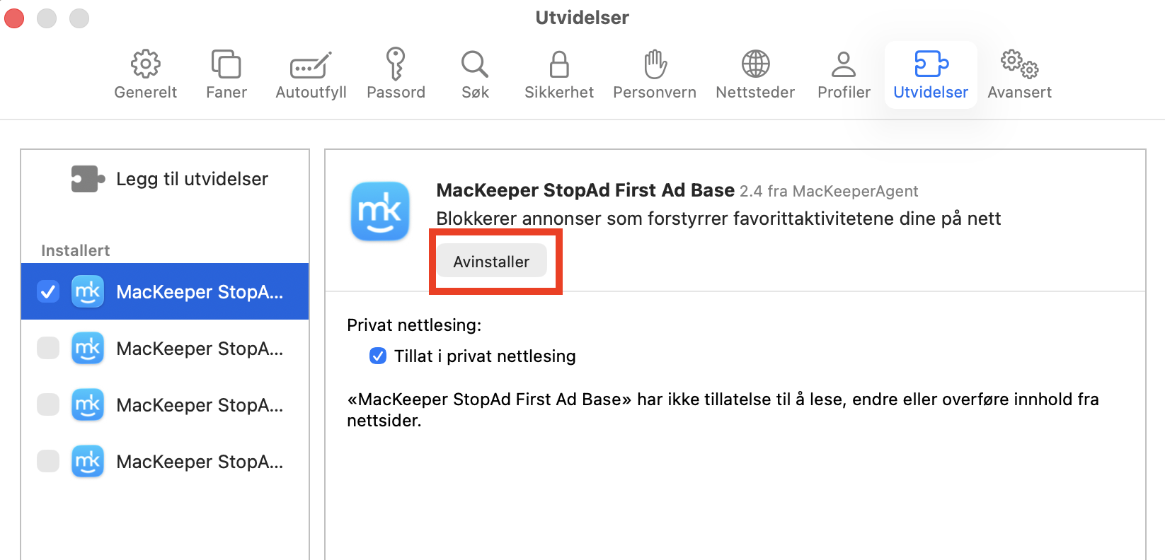 For å fjerne en utvidelse fra Safari klikker du på den og velger deretter knappen «Uninstall». Velg «Vis i Finder» og slett utvidelsen.