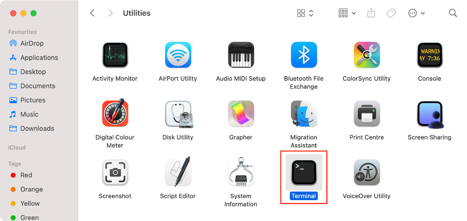 To fix shutdown issues on your Mac, launch Terminal from the Utilities folder.