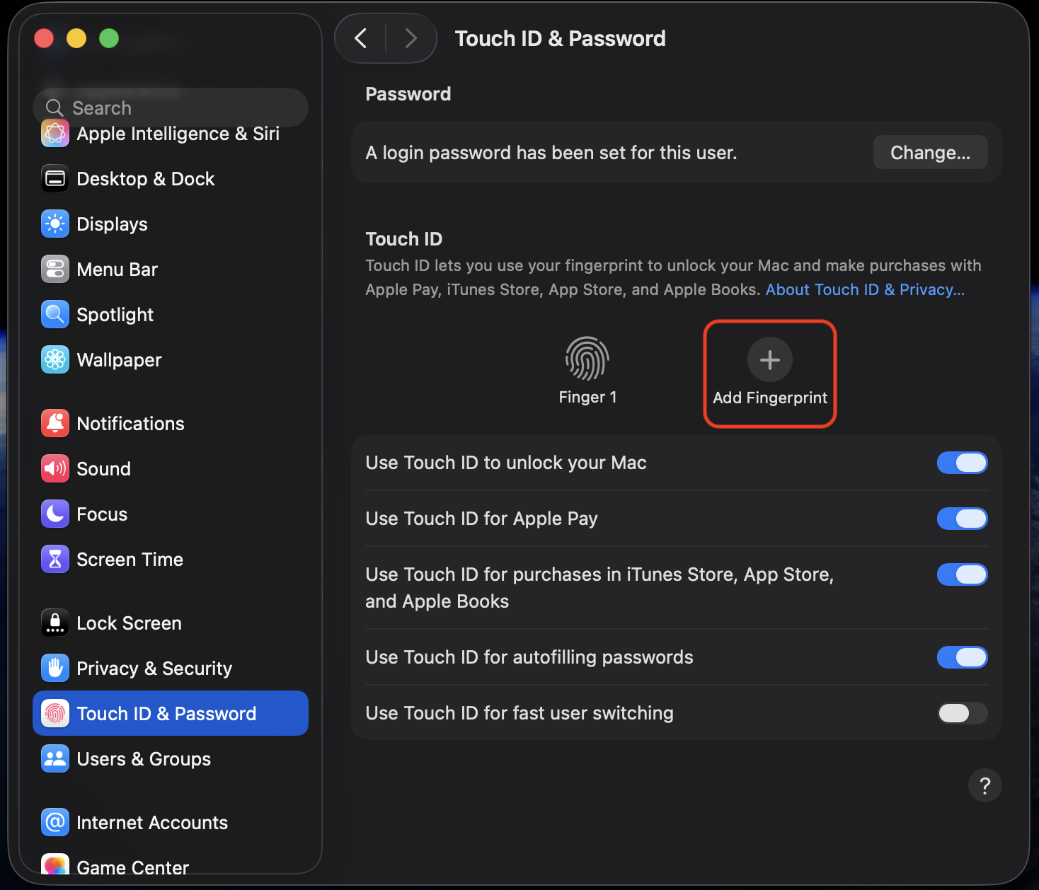 Touch ID & Password pane in System Settings on a MacBook Air running macOS Sonoma, with the Add Fingerprint button highlighted to register a finger.