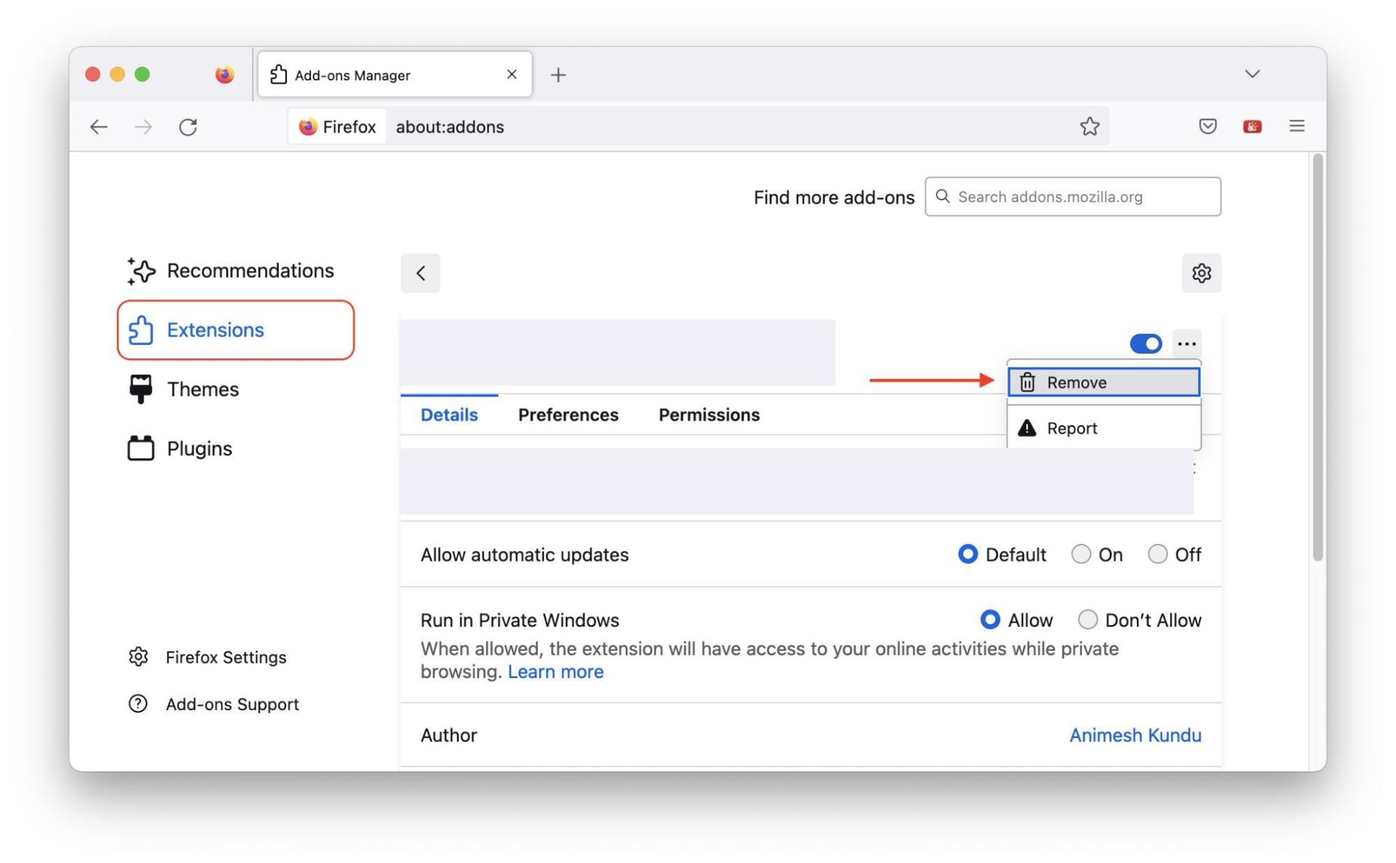 Click on the Extensions tab and uninstall DuckDuckGo by hitting the Remove button. This will delete it from the Firefox browser.