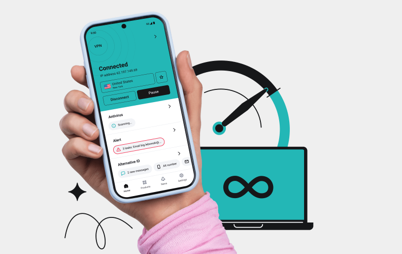 Surfshark VPN app connected to a United States server on an Apple device, with antivirus scanning and unlimited-device features for Mac households.