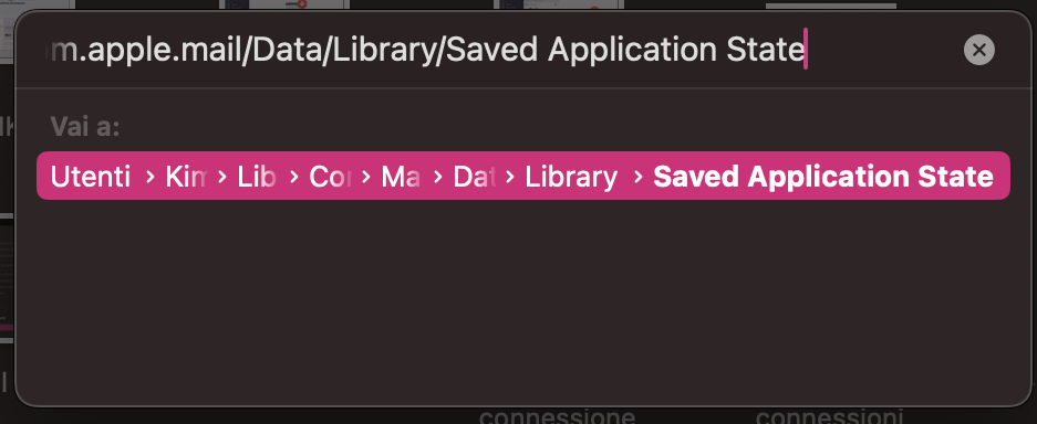 Se la reimpostazione delle preferenze di Mail non ha funzionato, torna su Vai alla cartella tramite Finder e inserisci il percorso ~/Library/Containers/com.apple.mail/Data/Library/Saved Application State.