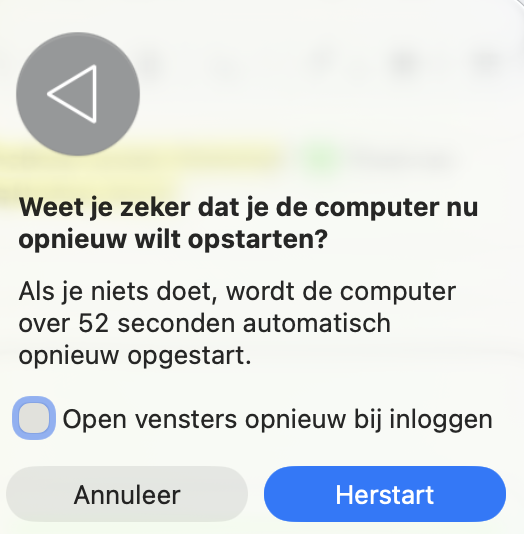 Het dialoogvenster ‘Herstarten’ op een Mac. Onderdeel van een handleiding om problemen met een haperend MacBook-scherm op te lossen.